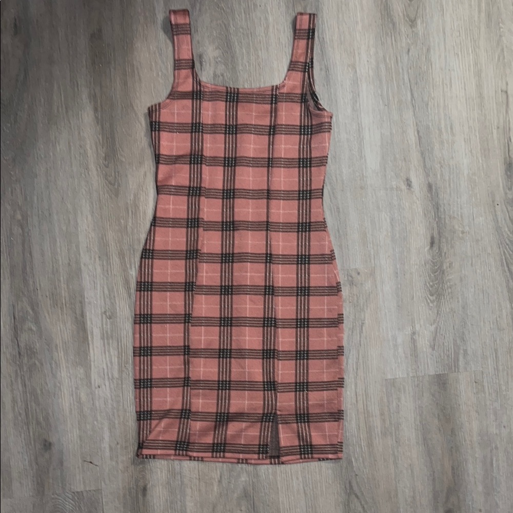 Pink and Black Plaid Sleeveless Bodycon Dress